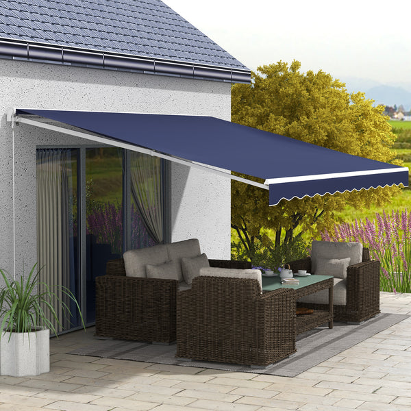 Outsunny 16' x 10' Electric Awning, Retractable Awning, UV Protection Sun Shade Shelter with Remote Controller and Manual Crank Handle for Deck, Balcony, Yard, Dark Blue