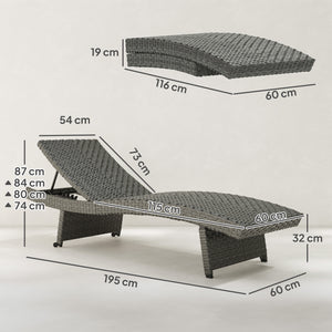 Outdoor PE Rattan Sun Lounger, Folding Wicker Garden Lounger Recliner with 4-Level Adjustable Backrest, Rolling Sunbed Lounge Chair with Wheels, Non-Slip Legs for Balcony, Beach, Mixed-grey