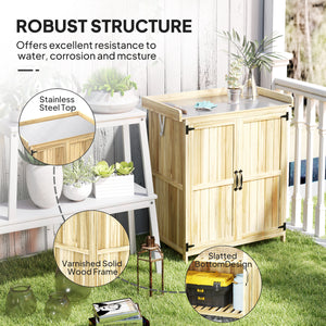 Outsunny Outdoor Storage Cabinet, Garden Tool Shed with Metal Tabletop and Shelf, Wooden Potting Bench with 2 Doors for Backyard, Patio, Lawn, Natural Wood