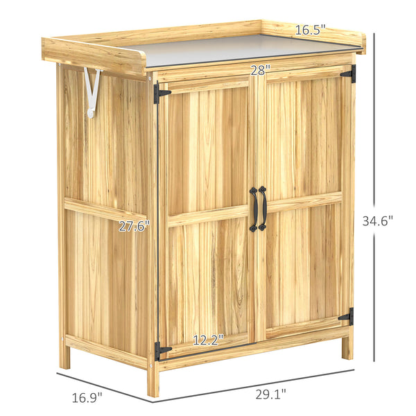 Outsunny Outdoor Storage Cabinet, Garden Tool Shed with Metal Tabletop and Shelf, Wooden Potting Bench with 2 Doors for Backyard, Patio, Lawn, Natural Wood