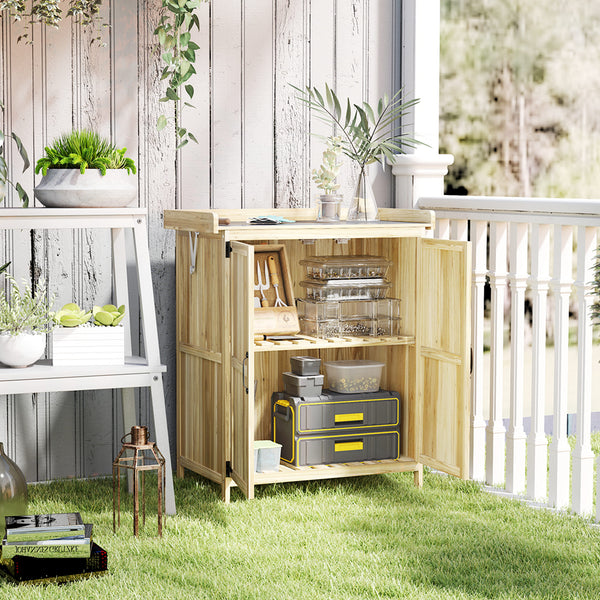 Outsunny Outdoor Storage Cabinet, Garden Tool Shed with Metal Tabletop and Shelf, Wooden Potting Bench with 2 Doors for Backyard, Patio, Lawn, Natural Wood