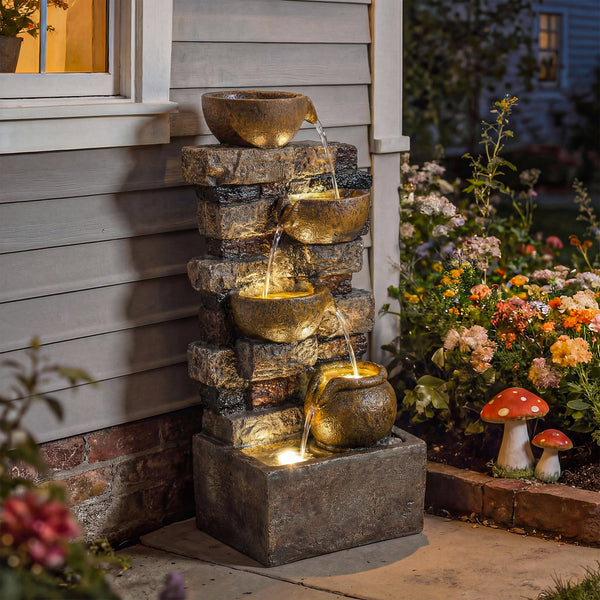 28" Outdoor Fountain with 5-Tier Rustic Jugs and Rock, Cascading Waterfall with LED Lights, Adjustable Flow, Resin Freestanding Garden Fountain for Garden Patio, Rustic Brown