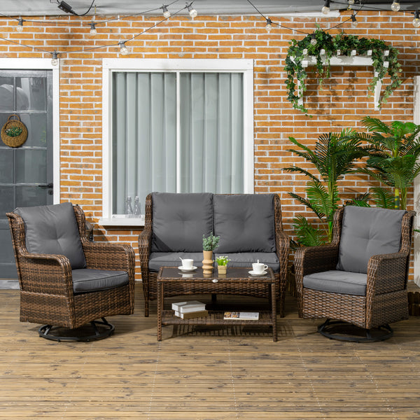 Outsunny 4 Piece PE Rattan Outdoor Patio Furniture Set, Wicker Conversation Set with 2 Swivel Rocking Chairs, 2-Tier Glass Table and Loveseat for Garden, Patio, Poolside, Gray