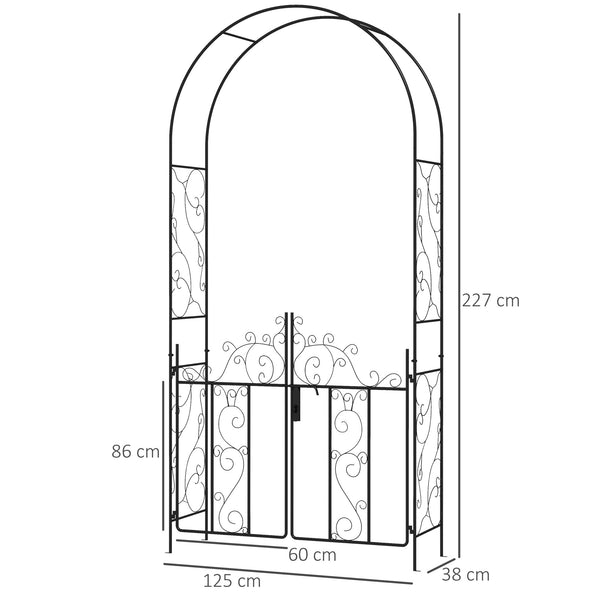 Outdoor Garden Arch with Double Gates, Metal Garden Arbor for Climbing Plants, Roses, Vines, Wedding Arch for Outdoor, 125L x 38W x 227H cm, Black