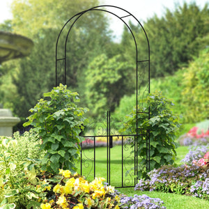 Outsunny 7.5' Metal Garden Arch with Gate, Garden Arbor Trellis for Climbing Plants, Roses, Vines, Wedding Arch for Outdoor Garden, Lawn, Backyard, Black