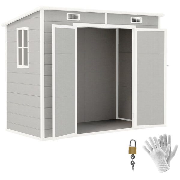 8' x 4' Outdoor Storage Shed, Resin Plastic Shed with Floor, Window, Lockable Doors and Vents, All-Weather Garden Shed for Backyard, Patio, Lawn, Light Grey