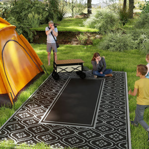 Outsunny Reversible Outdoor Rug, 9' x 18' Waterproof Plastic Straw Floor Mat, Portable RV Camping Carpet, Large Floor Mat for Backyard, Deck, Picnic, Beach, Black & Gray Gourd Border