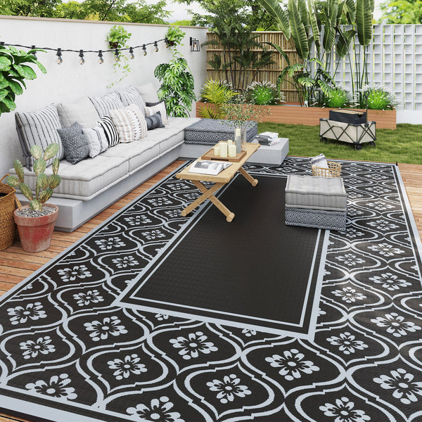 Outsunny Reversible Outdoor Rug, 9' x 18' Waterproof Plastic Straw Floor Mat, Portable RV Camping Carpet, Large Floor Mat for Backyard, Deck, Picnic, Beach, Black & Gray Gourd Border