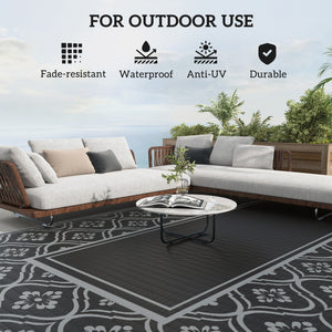 Outsunny Reversible Outdoor Rug, 9' x 18' Waterproof Plastic Straw Floor Mat, Portable RV Camping Carpet, Large Floor Mat for Backyard, Deck, Picnic, Beach, Black & Gray Gourd Border