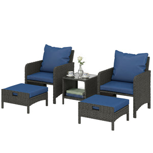 5 Piece Patio Furniture Set, Wicker Balcony Furniture with 23.6" Wide Deep Seat, 2 Ottomans, Glass Coffee Table, Cushions, Rattan Outdoor Conversation Patio Set for Garden Porch, Navy Blue