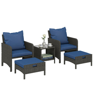 5 Piece Patio Furniture Set, Wicker Balcony Furniture with 23.6" Wide Deep Seat, 2 Ottomans, Glass Coffee Table, Cushions, Rattan Outdoor Conversation Patio Set for Garden Porch, Navy Blue