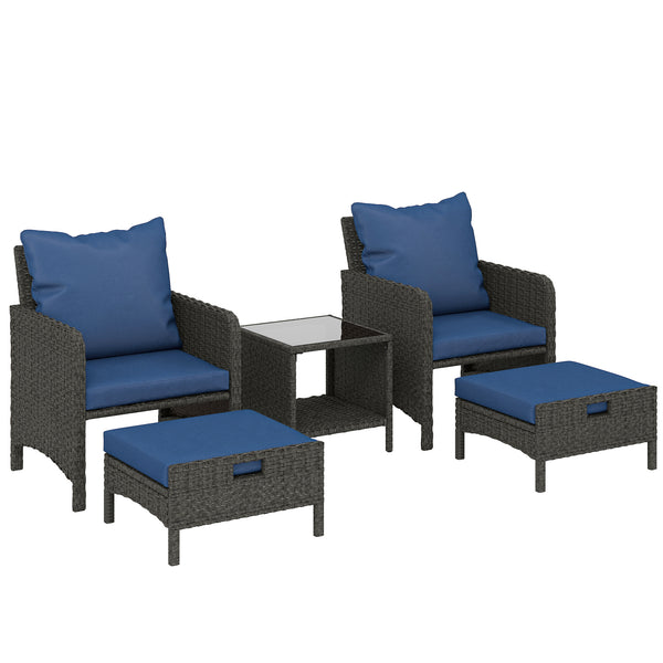 5 Piece Patio Furniture Set, Wicker Balcony Furniture with 23.6" Wide Deep Seat, 2 Ottomans, Glass Coffee Table, Cushions, Rattan Outdoor Conversation Patio Set for Garden Porch, Navy Blue