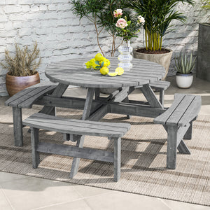Wooden Patio Dining Set for 8 People, Outdoor Table and Benches Set with 4 Double-Seat Benches & Round Picnic Table (Umbrella Not Included), Φ70.1" x 27.6" H, Grey