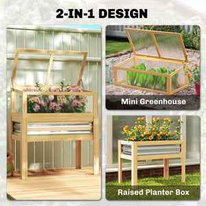 Wooden Raised Garden Bed with Detachable Greenhouse Top, Raised Garden Bed with Legs and Bed Liner, Elevated Planter Box for Flowers, Vegetables, Herbs, Natural