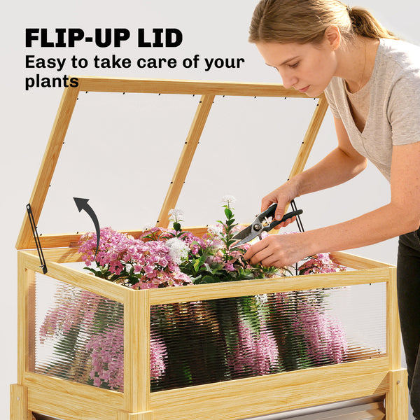 Wooden Raised Garden Bed with Detachable Greenhouse Top, Raised Garden Bed with Legs and Bed Liner, Elevated Planter Box for Flowers, Vegetables, Herbs, Natural