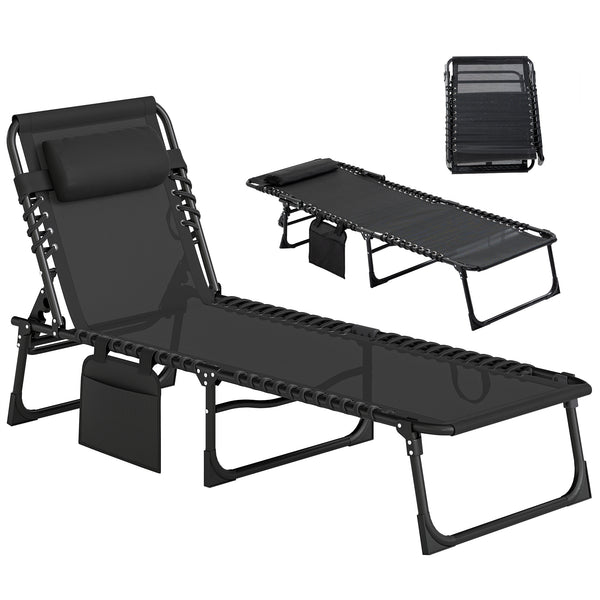 Folding Lounge Chair, Reclining Tanning Chair, Portable Sun Lounger with Adjustable Backrest and Removable Pillow for Patio, Garden, Beach, Black