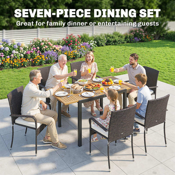 7 Piece Rattan Garden Furniture Set, 6 Seater Garden Table and 6 Stackable Chairs with Extendable Acacia Wood Tabletop, All-Weather Outdoor Furniture with Cushions for Patio, Cream White