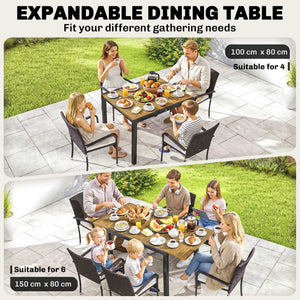 7 Piece Rattan Garden Furniture Set, 6 Seater Garden Table and 6 Stackable Chairs with Extendable Acacia Wood Tabletop, All-Weather Outdoor Furniture with Cushions for Patio, Cream White
