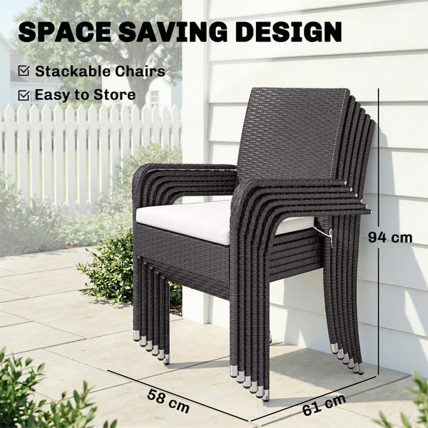 7 Piece Rattan Garden Furniture Set, 6 Seater Garden Table and 6 Stackable Chairs with Extendable Acacia Wood Tabletop, All-Weather Outdoor Furniture with Cushions for Patio, Cream White
