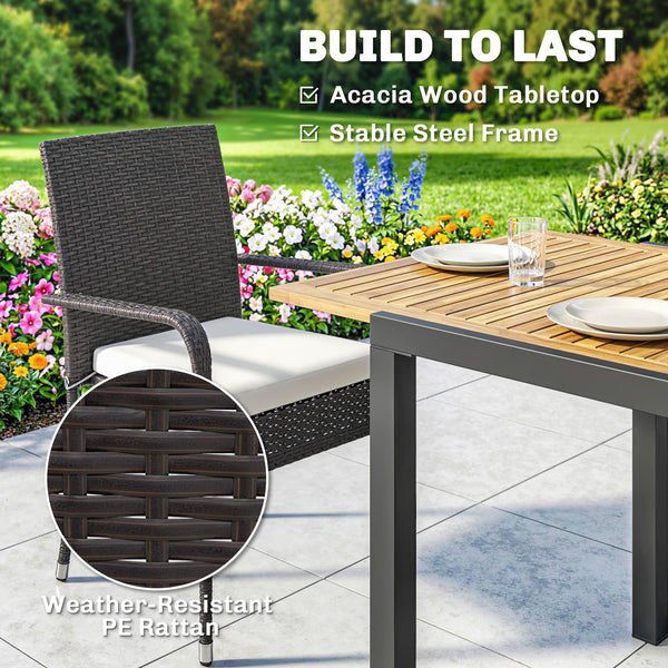 7 Piece Rattan Garden Furniture Set, 6 Seater Garden Table and 6 Stackable Chairs with Extendable Acacia Wood Tabletop, All-Weather Outdoor Furniture with Cushions for Patio, Cream White