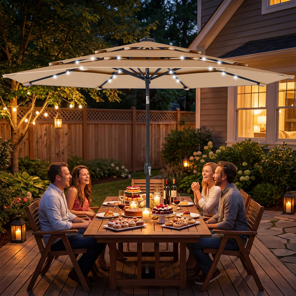 2.8 m Garden Parasol Umbrella with LED Solar Light, Parasol Cover, 3 Tier Outdoor Table Market Patio Umbrella Sun Shade with Tilt and Crank, 8 Ribs, Khaki