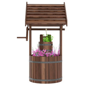 Outsunny Wooden Wishing Well Planter with Adjustable Hanging Bucket, Rustic Wishing Well for Outside, Decorative Flower Planter with Drainage Hole for Garden Patio, Carbonized