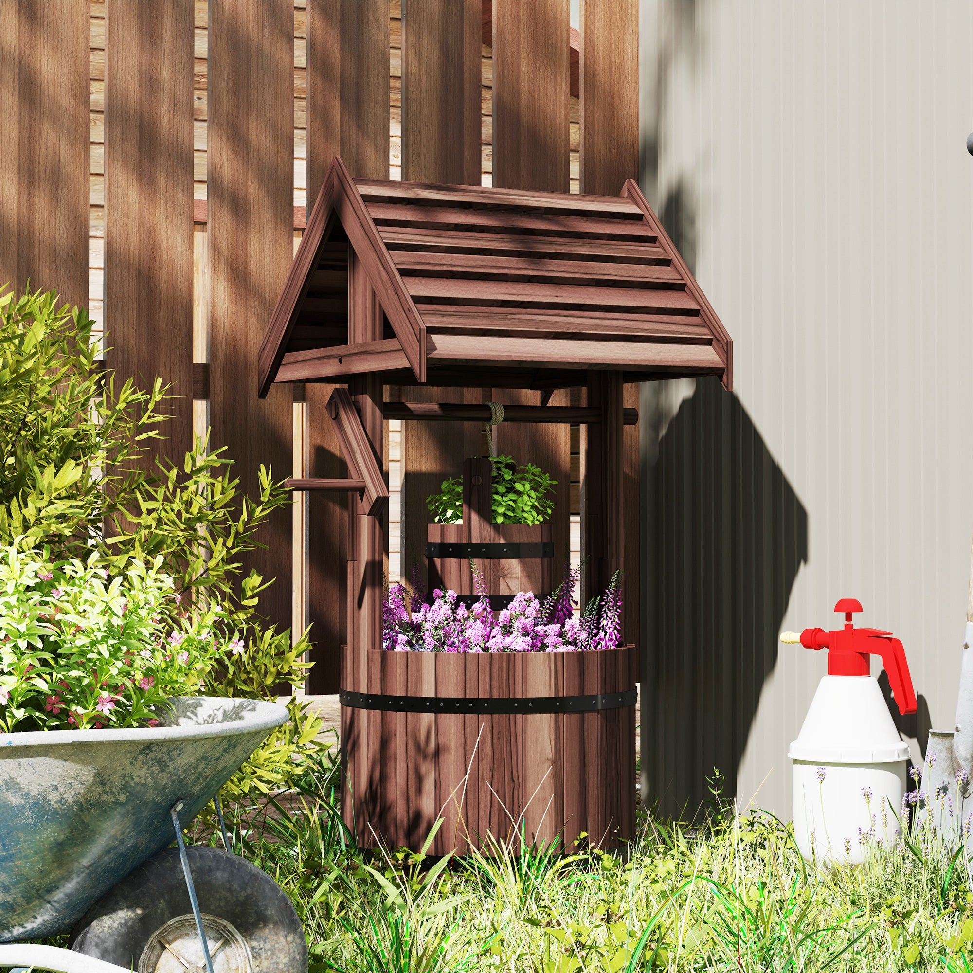 hanging pail planter Outsunny Wood Wishing Well for Outside with Hanging Bucket, Wishing Well Planter with Drain Hole for Garden Patio, Carbonized