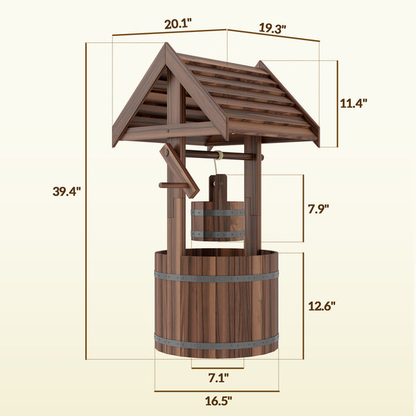 Outsunny Wooden Wishing Well Planter with Adjustable Hanging Bucket, Rustic Wishing Well for Outside, Decorative Flower Planter with Drainage Hole for Garden Patio, Carbonized