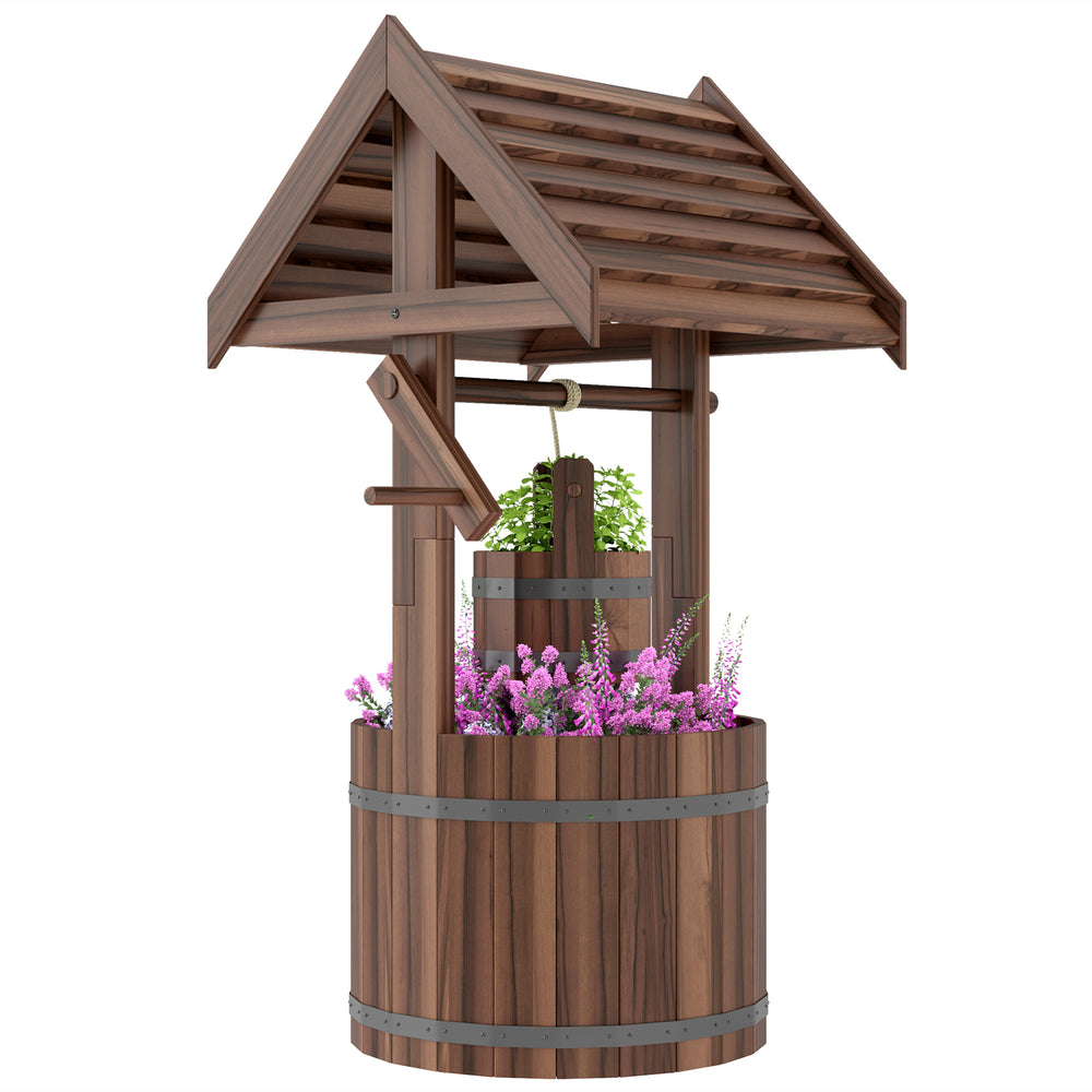 Outsunny Wooden Wishing Well Planter with Adjustable Hanging Bucket, Rustic Wishing Well for Outside, Decorative Flower Planter with Drainage Hole for Garden Patio, Carbonized