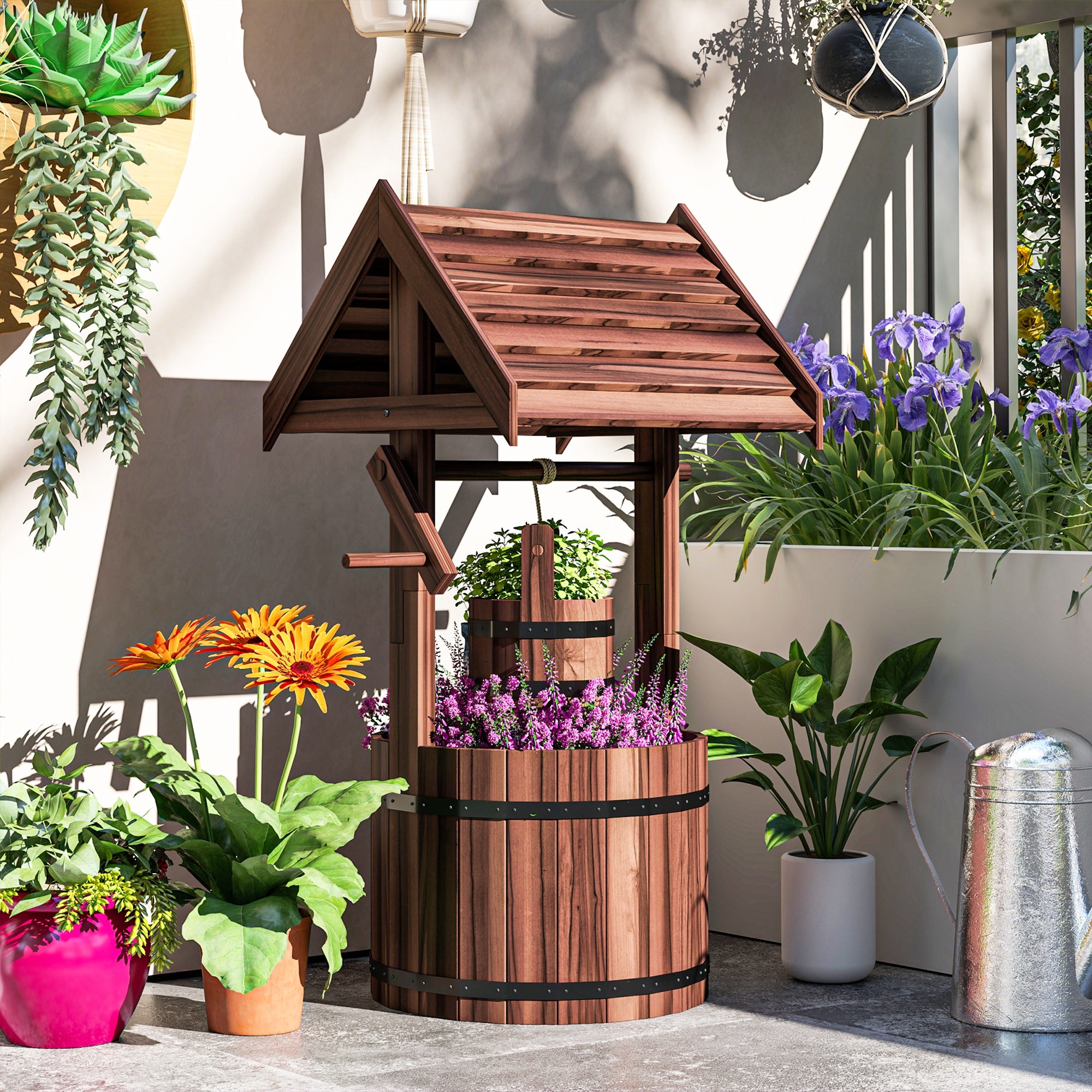 hanging bucket planter Outsunny Wood Wishing Well for Outside with Hanging Bucket, Wishing Well Planter with Drain Hole for Garden Patio, Carbonized