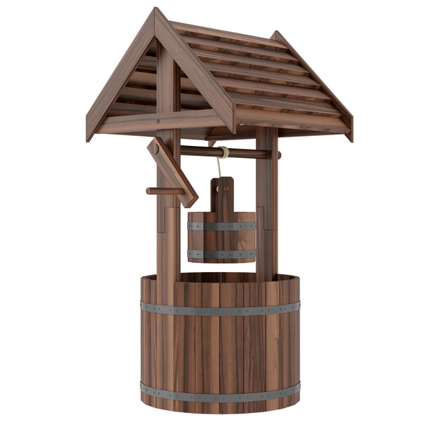 Outsunny Wooden Wishing Well Planter with Adjustable Hanging Bucket, Rustic Wishing Well for Outside, Decorative Flower Planter with Drainage Hole for Garden Patio, Carbonized