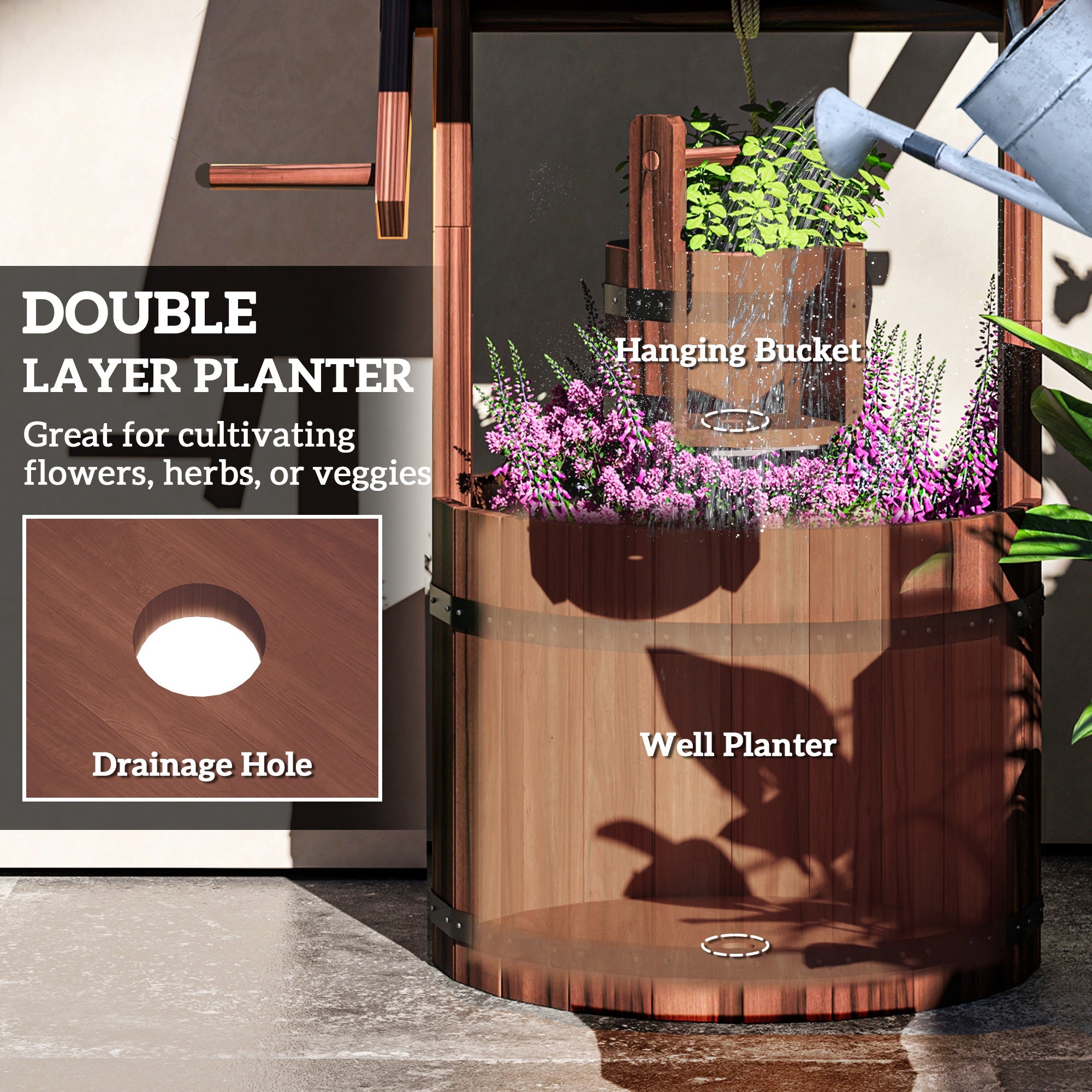 hanging bucket planter Outsunny Wood Wishing Well for Outside with Hanging Bucket, Wishing Well Planter with Drain Hole for Garden Patio, Carbonized