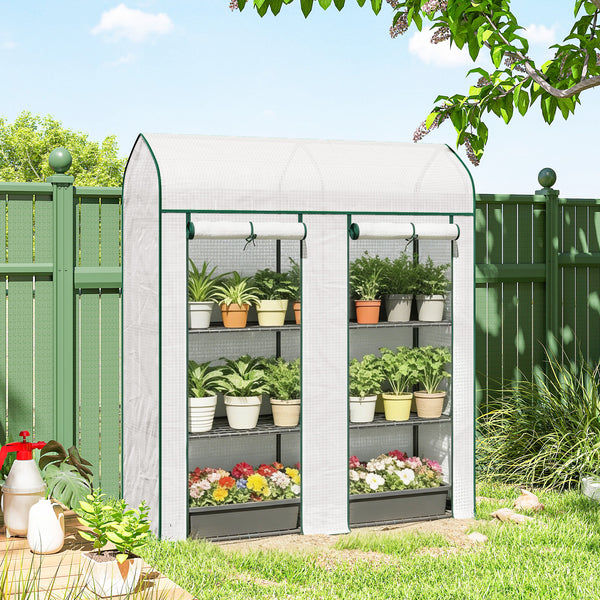 3 Tier Mini Greenhouse, 56.3" x 18.1" x 65" Small Portable Greenhouse with 2 Roll-up Doors, Garden Plant Growhouse with PE Cover for Indoor Outdoor, White