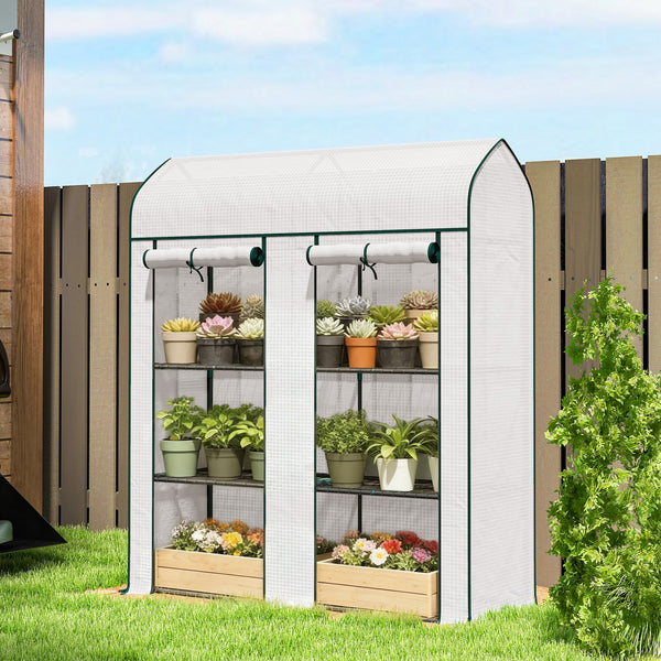 3 Tier Mini Greenhouse, 56.3" x 18.1" x 65" Small Portable Greenhouse with 2 Roll-up Doors, Garden Plant Growhouse with PE Cover for Indoor Outdoor, White