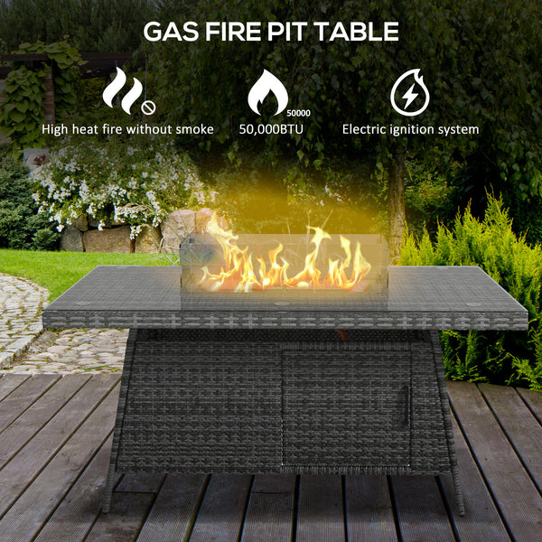 7 Pieces Outdoor Rattan Garden Furniture with Fire Pit Table, 6 Seater Garden Table and Chairs with Cushions, Rattan Dining Set with Propane Heater Table, Windscreen, 50,000 BTU, Grey