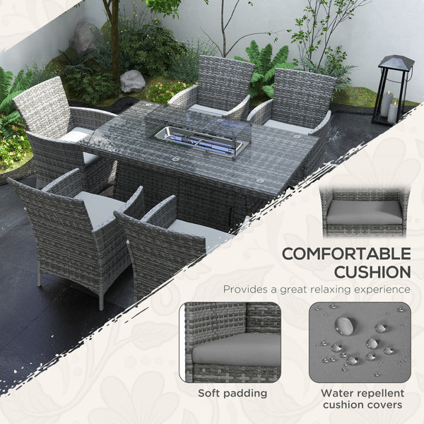 7 Pieces Outdoor Rattan Garden Furniture with Fire Pit Table, 6 Seater Garden Table and Chairs with Cushions, Rattan Dining Set with Propane Heater Table, Windscreen, 50,000 BTU, Grey