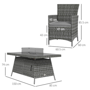 7 Pieces Outdoor Rattan Garden Furniture with Fire Pit Table, 6 Seater Garden Table and Chairs with Cushions, Rattan Dining Set with Propane Heater Table, Windscreen, 50,000 BTU, Grey