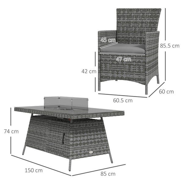 7 Pieces Outdoor Rattan Garden Furniture with Fire Pit Table, 6 Seater Garden Table and Chairs with Cushions, Rattan Dining Set with Propane Heater Table, Windscreen, 50,000 BTU, Grey