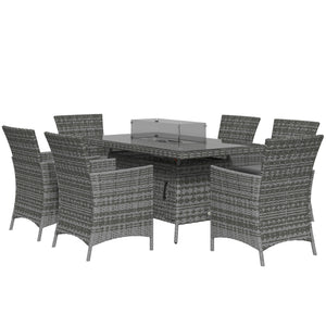 7 Pieces Outdoor Rattan Garden Furniture with Fire Pit Table, 6 Seater Garden Table and Chairs with Cushions, Rattan Dining Set with Propane Heater Table, Windscreen, 50,000 BTU, Grey