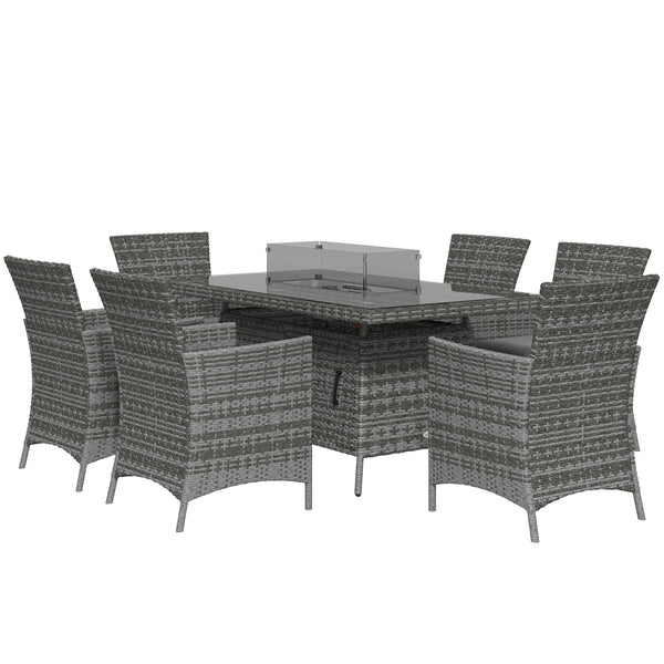 7 Pieces Outdoor Rattan Garden Furniture with Fire Pit Table, 6 Seater Garden Table and Chairs with Cushions, Rattan Dining Set with Propane Heater Table, Windscreen, 50,000 BTU, Grey