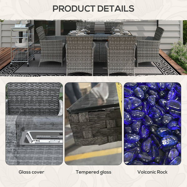 7 Pieces Outdoor Rattan Garden Furniture with Fire Pit Table, 6 Seater Garden Table and Chairs with Cushions, Rattan Dining Set with Propane Heater Table, Windscreen, 50,000 BTU, Grey
