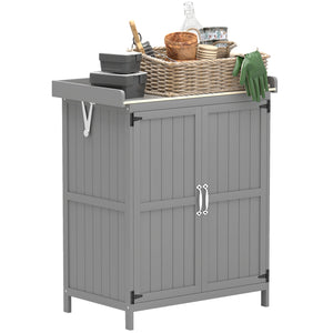 Outsunny Outdoor Storage Cabinet, Garden Tool Shed with Metal Tabletop and Shelf, Wooden Potting Bench with 2 Doors for Backyard, Patio, Lawn, Gray