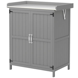 Outsunny Outdoor Storage Cabinet, Garden Tool Shed with Metal Tabletop and Shelf, Wooden Potting Bench with 2 Doors for Backyard, Patio, Lawn, Gray