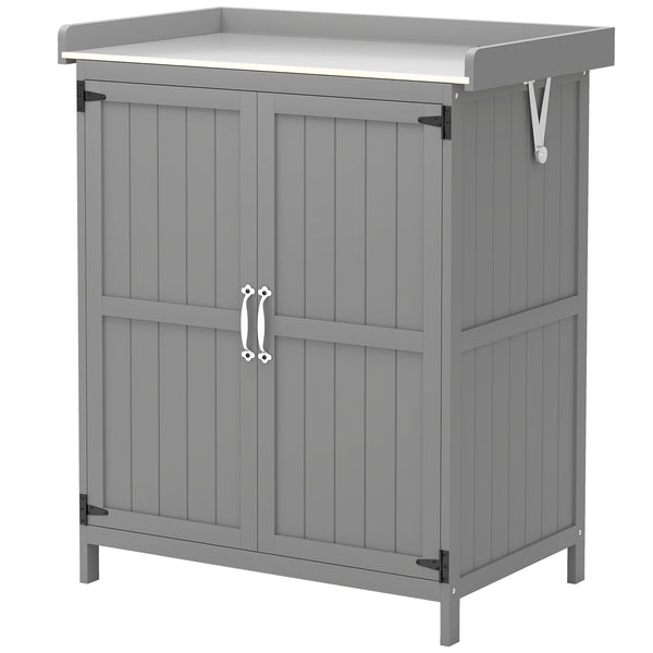 Outsunny Outdoor Storage Cabinet, Garden Tool Shed with Metal Tabletop and Shelf, Wooden Potting Bench with 2 Doors for Backyard, Patio, Lawn, Gray