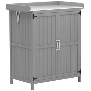 Outsunny Outdoor Storage Cabinet, Garden Tool Shed with Metal Tabletop and Shelf, Wooden Potting Bench with 2 Doors for Backyard, Patio, Lawn, Gray