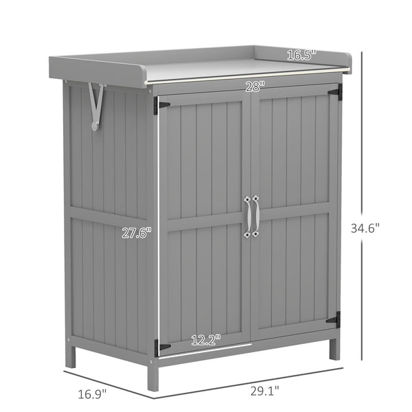 Outsunny Outdoor Storage Cabinet, Garden Tool Shed with Metal Tabletop and Shelf, Wooden Potting Bench with 2 Doors for Backyard, Patio, Lawn, Gray