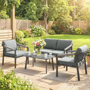 Aluminium Garden Furniture Set, 4 Seater Outdoor Patio Furniture with Loveseat, 2 Armchairs, Slatted Table, Outdoor Furniture Conversation Set with Thick Cushions, Black