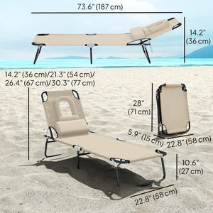 Adjustable Outdoor Lounge Chair, Garden Folding Chaise Lounge with Face Hole Reclining Tanning Chair Seat, Folding Camping Beach Lounging Bed w/ Support Pillow, Beige