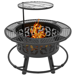 Outsunny 2-in-1 Fire Pit, BBQ Grill, 33" Portable Wood Burning Firepit with Adjustable Cooking Grate, Pan and Poker, Camping Bonfire Stove for Backyard, Patio, Picnic, Black