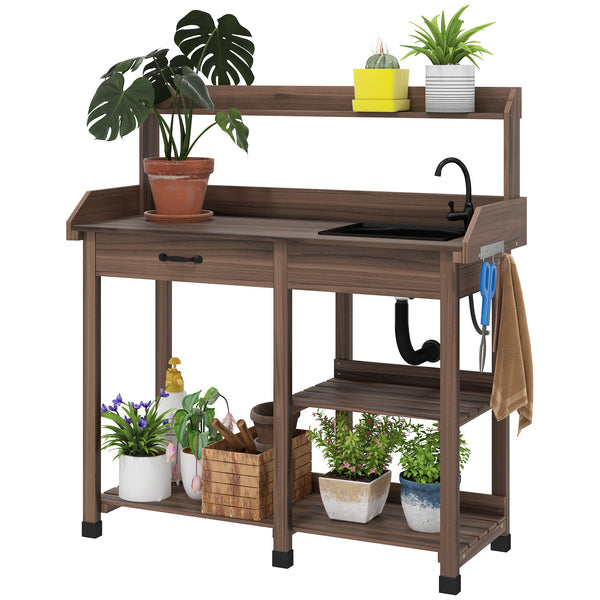 Outsunny Potting Bench Table, Outdoor Garden Table Wooden Work Station with Removable Sink, Faucet, Drawer, Shelves, Hooks, Dark Brown